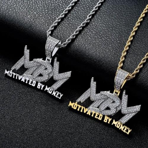 Motivated By Money MBM Letters Hip Hop Gilded Iced Out Cubic Zircon Pendant Necklace 24'' Chain Fashion Charms Bling Jewelry