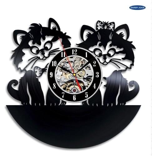 Cats Art Vinyl Wall Clock Gift Room Modern Home Record Vintage Decoration