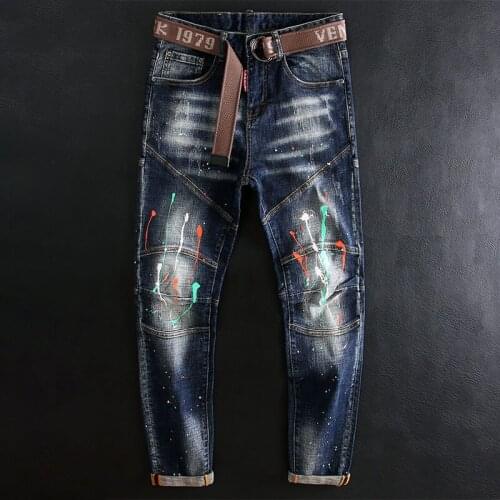 European American Street Fashion Men Jeans Retro Blue Elastic Slim Fit Splashed Jeans Men Spliced Designer Hip Hop Biker Pants