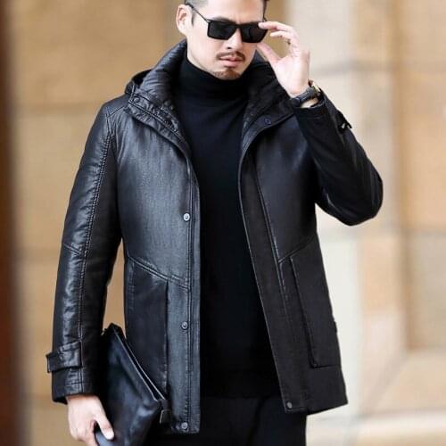 Haining middle-aged leather leather jacket mens casual thickening mid-length leather down jacket plus fleece jacket hat coat wi