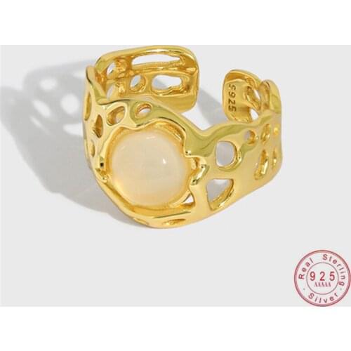 HI MAN S925 Sterling Silver Agate INS Hollow Opening Adjustable Ring Women Fashion Simple Birthday Party Jewelry