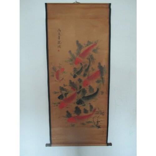 Home wall decoration painting ,Chinese old paper scroll painting Shen Zhou "9 fish"