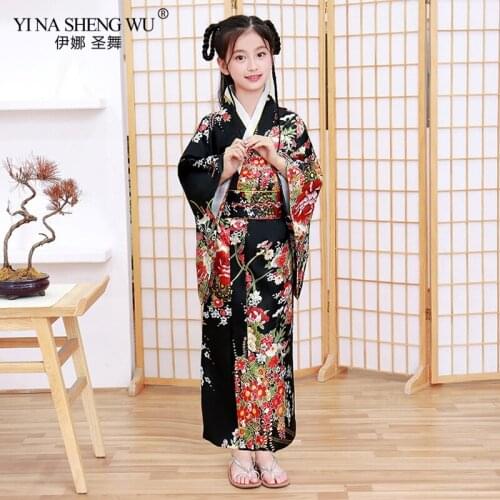 Kids Kimono Satin Children Summer Kimono Bathrobes Japanese Traditional Costumes Kimono Dress with Obi Yukata For Kids Girls New
