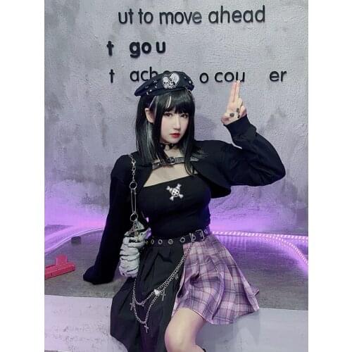 Japanese Harajuku Punk Girls Suit super short leather belt Skull Long Sleeve crop top Asymmetric pleated plaid mini skirt set