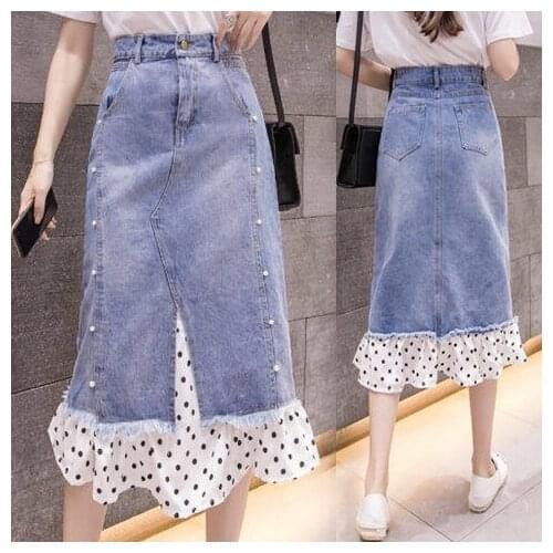 Summer Spring Korean Womens High Waist Tassel Ruffled Patchwork Trumpet Denim Skirt , Woman 4xl 5xl Mermaid Jeans Skirts
