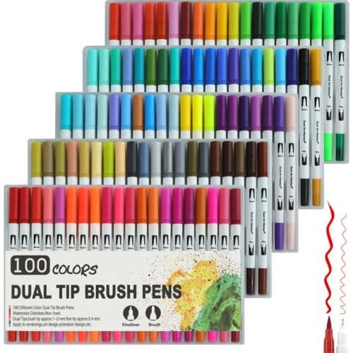 100 PCS Colors Dual Tip Brush Pen FineLiner 0.4mm Brush 1-2mm Drawing Painting Watercolor Art Marker Pens for Coloring Manga