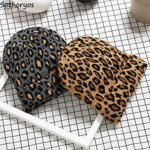 Beanies Women Print-Leopard Vintage Stylish All-match High Elasticity Harajuku Winter Warm Leisure Skullies Female Knitted Girls