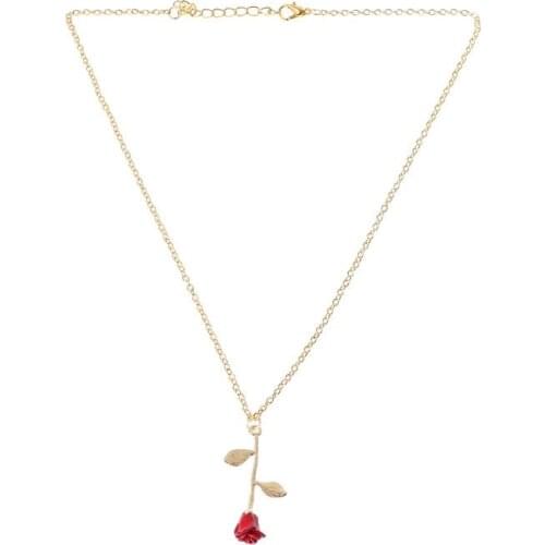 Beauty and Beast Golden Filled 3D Red Rose Pendant Necklaces For Women Jewelry 652B