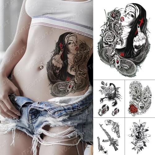 Waterproof Temporary Tattoo Sticker Cross Nun Snake Rose Flash Tattoos Scorpion Wolf Gun Body Art Arm Fake Tatoo Women Men