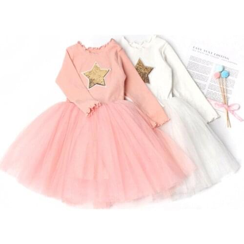 New Christmas Party Dress For Girl Kids Vestidos Star Sequined Tulle Dresses Long Sleeves Girls Clothing RT779