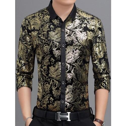 Chinese style bronzing flower pattern fashion long sleeve shirt Spring 2019 New quality pluche soft comfortable men shirt M-XXXL