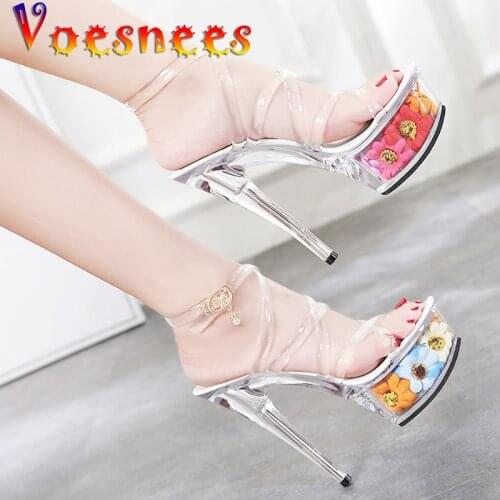 Voesnees Clear Heels PVC Women Sandals High Heel 15 CM Transparent Flowers Platform Shoes Sandals Ladies Open Toe Wedding Shoes