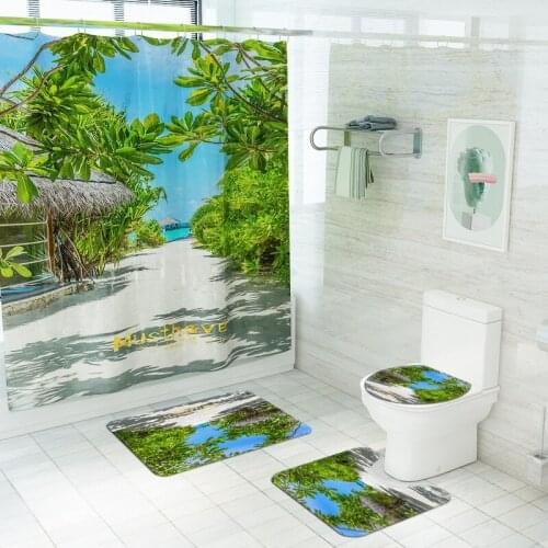 Scenic Pattern Modern Style Home Decor Bath Mats Shower Curtain Set with Hooks Non Slip Toilet Seat Cover Mat Bathroom Mat Set