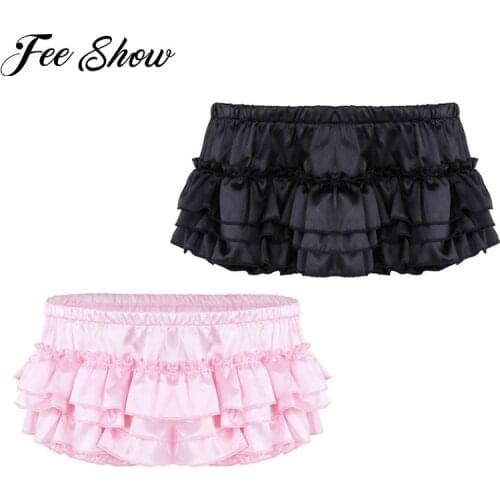 Mens Sexy Lingerie Soft Shiny Sissy Panties Briefs Satin Ruffled Tiered Skirted Panties Sissy Briefs Good Stretchy Gay Underwear