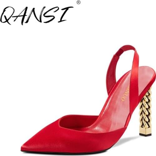 Handmade Red Satin Womens Sling Backs Pumps Party Point Toe Girls Shoes Crystal Ring Lace Up High Heels Gold Square Heel Pumps