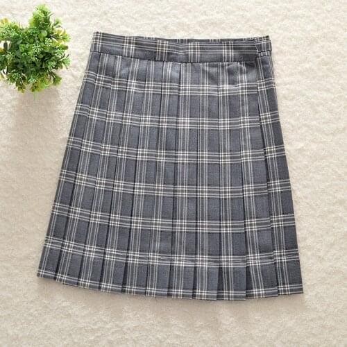 Japanese college high-waist gray white grid JK uniforms pleated skirts spring summer skirt add pocket adjustable waist