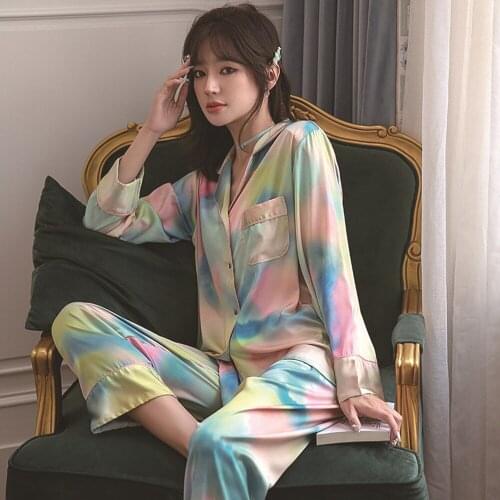 Fdfklak Spring New Multi-Color Stitching Satin Silk Pajamas For Womens Set Pyjamas Button Long Sleeve Pijama Sleepwear