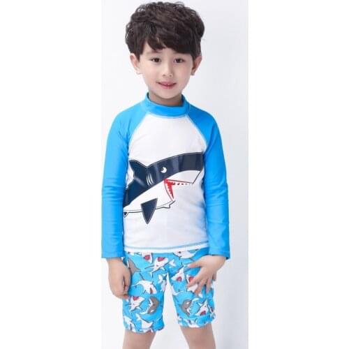 High Quality Boys Print Two pieces Swimwear Kids Long Sleeved Swimsuit Children Bathing Suit Beachwear with a cap for 2-15 Years