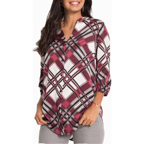 2 Colors Plaid Printed Women Tops And Blouses Spring Autumn Button V-Neck Three Quarter Sleeve Loose Casual Women Blouse 09020