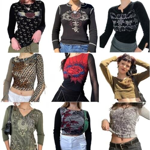 Y2K Aesthetic Fairy Grunge T-shirt 90s Vintage Graphic Print Women Autumn Spring Long Sleeve Crop Top Kawaii Harajuku Tee Shirt