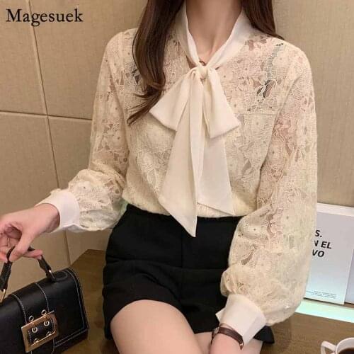 Female Casual Blouse Women Lace Shirt Autumn and Winter Fashion Korean Bow Tie Lantern Sleeve Blusas Mujer De Moda 2020 10566