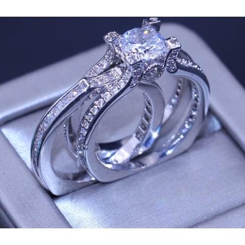 Size 5-10 New Women Fashion Jewelry 925 Sterling Silver Filled Round Cut 5A Clear White CZ Zirconia Wedding Bridal Ring Set Gift