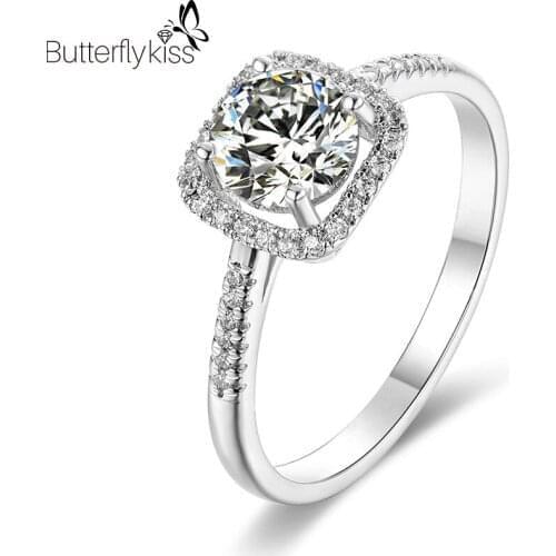 BK Moissanite Diamond Ring 1ct Genuine Silver White/Yellow/Rose Gold Elegant Princess Halo Engagement Wedding Rings For Women