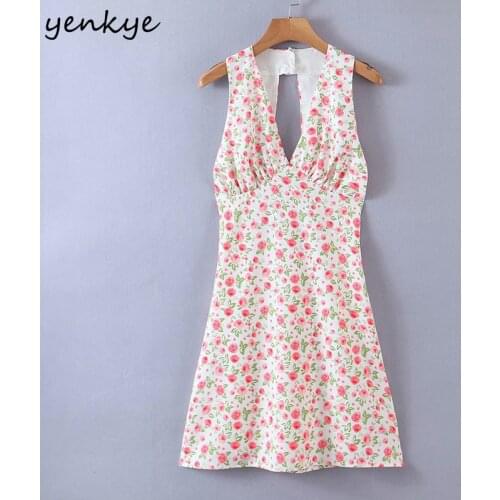 YENKYE Sweet Floral Print Sexy Backless Dress Women V Neck Sleeveless Holiday Summer Beach Dress Female A-line Mini Robe