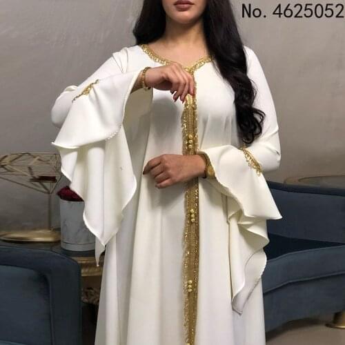 Jalabiya Kaftan Dress For Women Dubai Turkey Golden Ribbon Embroidery Loose Muslim Arabic Islamic Clothing White 2021