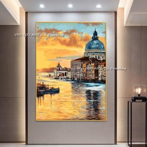 100% Handpainted Orange Abstract Oil Paintings On Canvas Modern Building River Wall Landscape Pictures Home Decoration No Framed