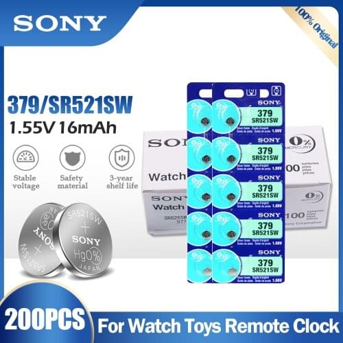 200PCS Sony 379 SR521SW 1.55V Silver Oxide Battery AG0 LR69 D379 SR63 V379 For Watch Toys Remote Button Cell Coin MADE IN JAPAN