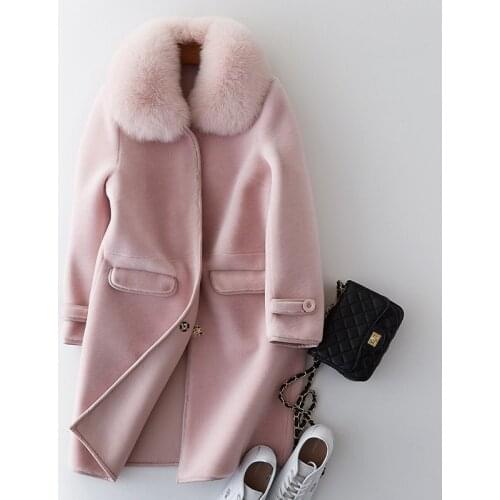 2020 Womens Coat With Natural Fox Collar Real Sheep Shearing Fur Coats Winter Warm Wool Jackets PU Liner WYQ973