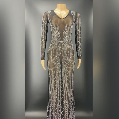 Sparkly Black Mesh Silver Stones Dress Sexy Evening Long Dress Birthday Celebrate Stretch Dance Long Sleeves Costume