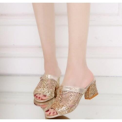 Summer Woman Sandals Gold Open Toe Sandal Lace Dress Shoes Womens High Heels Sandals Square Heeled Pumps Ladies Shoes EU35- 43