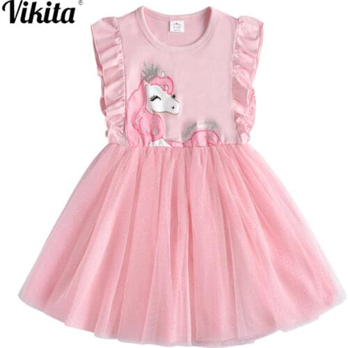 VIKITA Brand Girls Unicorn Summer Dresses Children Sequins Tutu Dress Kids Flare Sleeve Cotton Frocks Baby Girl Princess Clothes