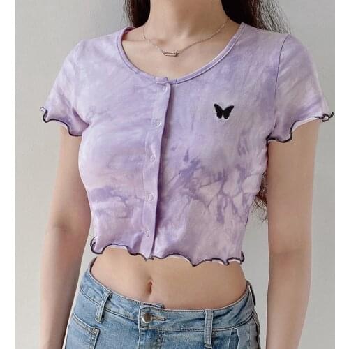 2020 Butterfly T-Shirt Summer Short Sleeve T-Shirts Gradient Short Sleeve Summer Cardigan Frilly Button Casual Top
