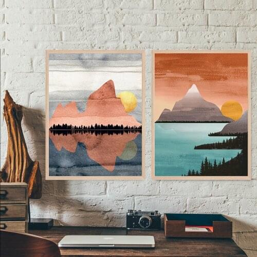 Mountain and Rivers Landscape Minimalist Boho Artwork Room Art Prints Set Of 2 Print Painting No Frame Pictures