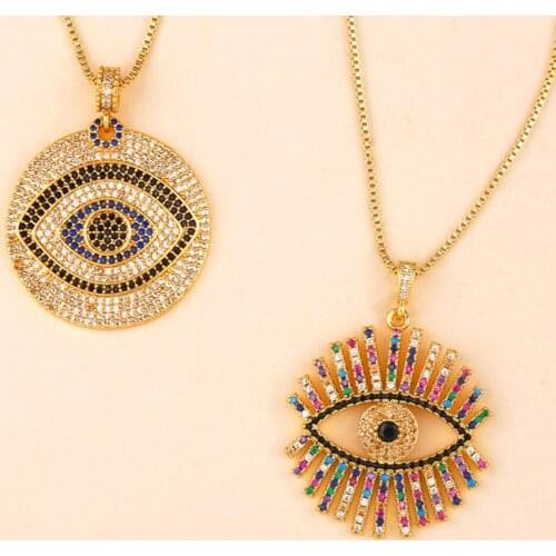 KSRA Bohemian Gold Plating Brass CZ Evil Eye Necklace For Women Vintage Rainbow Box Chain Pendant Necklace Boho Jewelry