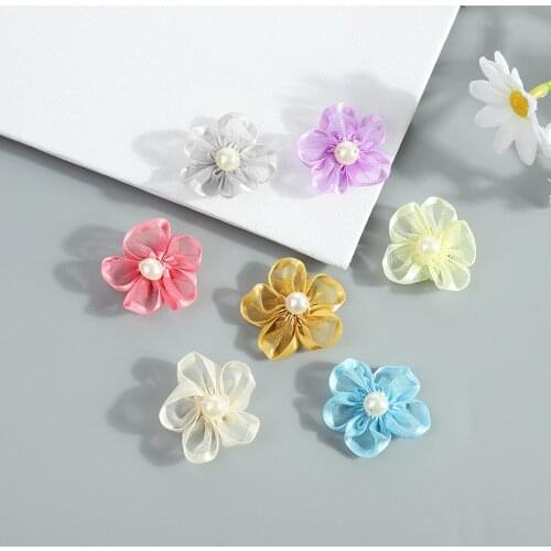 10pcs Beaded Five-petal Plum Blossom Handmade Snow Yarn Ribbon Simulation Flower Shoes Flower Hat Flower