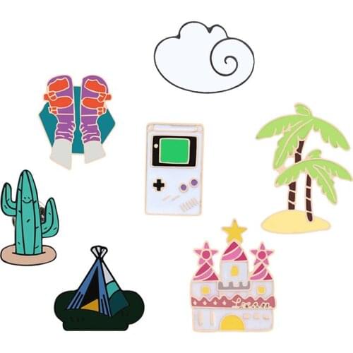 Fashion Metal Enamel Pins Coconut Tree Cactus Cloud Castle Tent Cartoon Brooches Women Hat Collar Lapel Pin Badge Jewelry Gifts