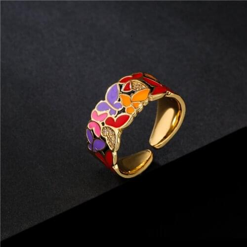 INS Gold Color Animal Fashion Finger Jewelry Micro Pave CZ Neon Enamel Open Adjustable Dome Color contrast Ring For Women