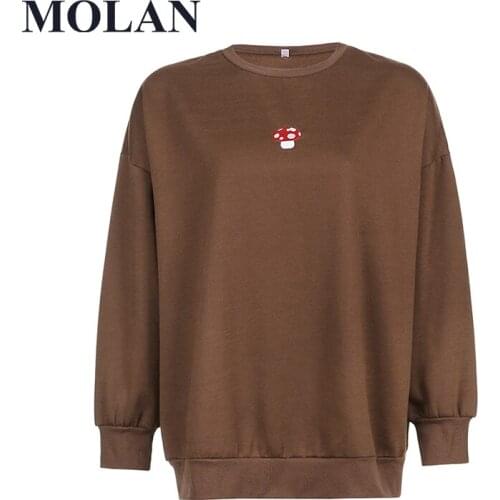 Woman Fashion Little Mushroom Embroidered Hoddie Solid Brown O Neck Long Sleeve High Street Top Female Loose Chic Pullover