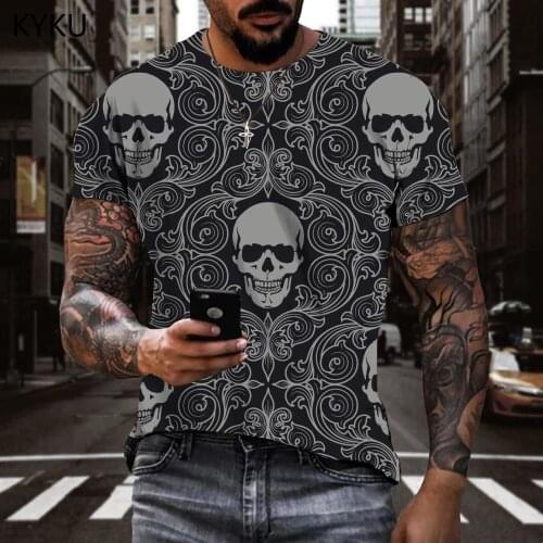 KYKU Skull T-shirt Men Flowers Funny T shirts Art T-shirts 3d Rock Tshirts Casual Short Sleeve T shirts Cool Streetwear Big Size