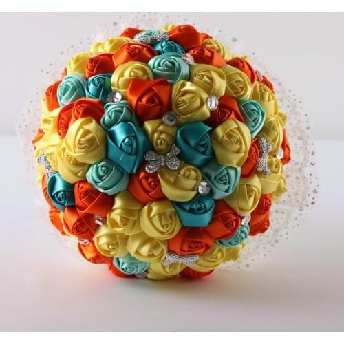 Newest orange +blue +yellow crystal wedding bridal bouquet for wedding decoration
