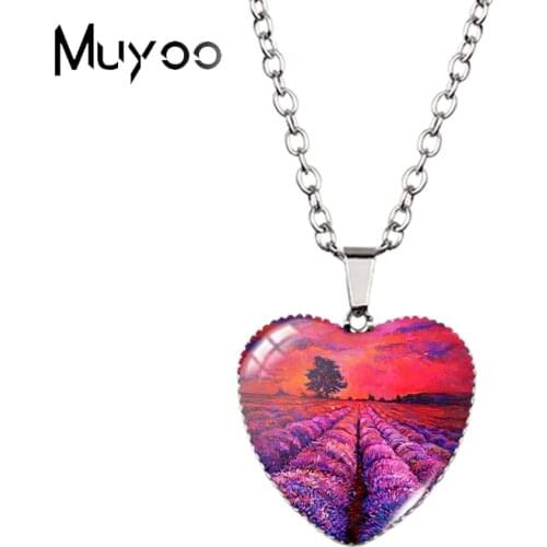 New Arrival Purple Lavender Fields Oil Paintings Heart Necklaces Handcraft Jewelry Romantic Flowers Lavender Heart Necklace HZ3
