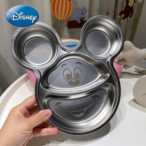 Disney Mickey Dinner Plate Divided Grid Cute Cartoon Household Baby Food Supplement Drop-resistant Stainless Steel Plate