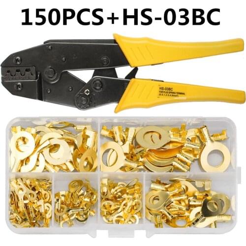 150PCS M3/M4/M5/M6/M8/M10 Non-insulated Bass Ring Lugs Ring Eyes Copper Crimp Terminals With HS03BC Crimping Hand Tool