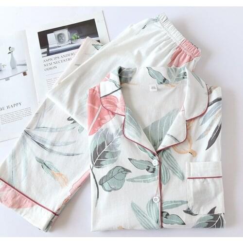 Spring and Summer Casual Printed Cotton Pajamas Womens Knitted Cotton Long-sleeved Large Size Thin Home Service Two-piece Suit