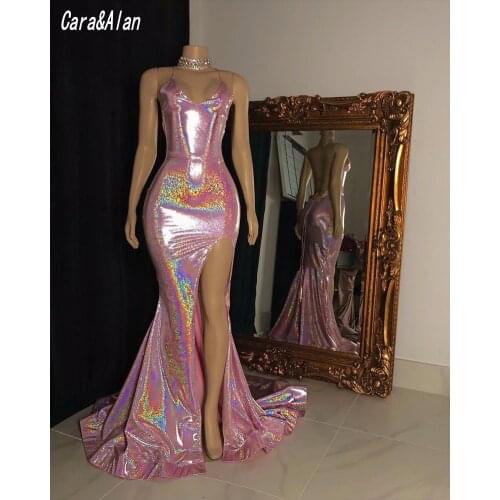 New Reflective Sequin Pink Prom Dresses 2021 Sexy Side Split African Party Dress Backless Vestidos De Graduación