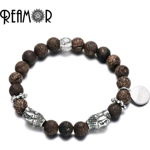 REAMOR Cracked Fire Fossil Natural Stones Stainless Steel Buddha Head Beads Energy Homme Bracelets Buddhist Style jewelry